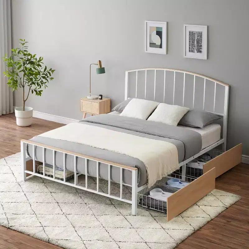 Whizmax Platform Bed Frame with 4 Storage Drawers, Mattress Foundation with Headboard & Footboard, Oak Color