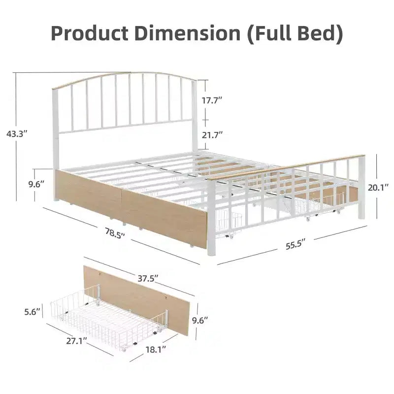 Cadre de lit plateforme avec 4 tiroirs de rangement, sommier tapissier avec tête et pied de lit, couleur chêne