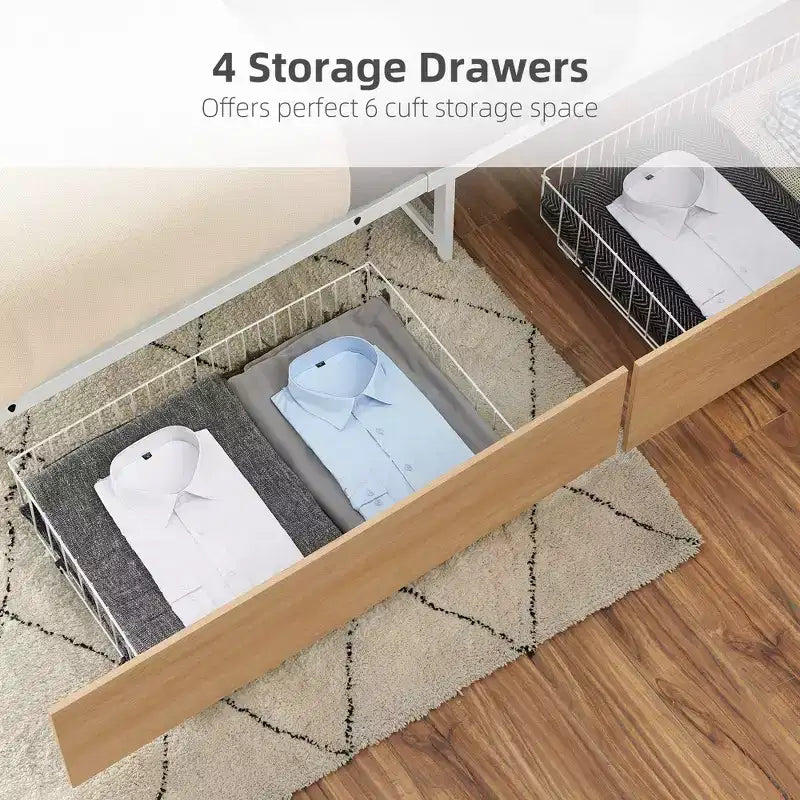 Cadre de lit plateforme avec 4 tiroirs de rangement, sommier tapissier avec tête et pied de lit, couleur chêne
