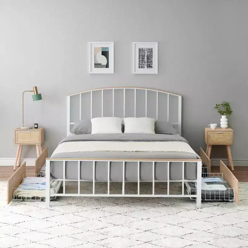 Cadre de lit plateforme avec 4 tiroirs de rangement, sommier tapissier avec tête et pied de lit, couleur chêne