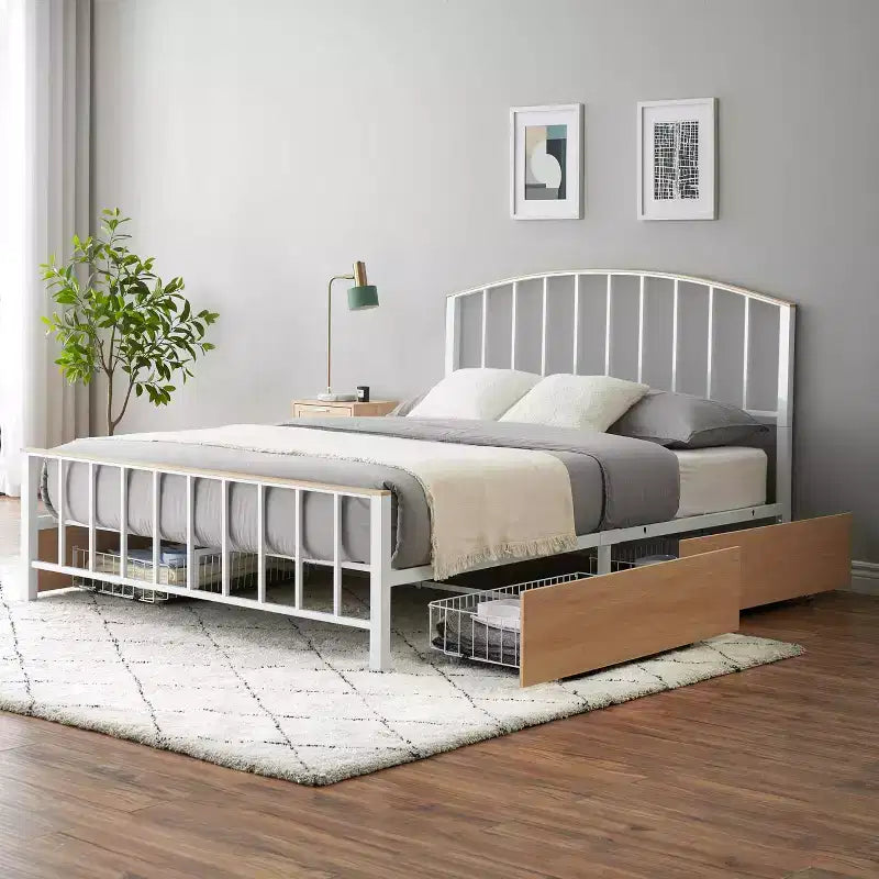 Cadre de lit plateforme avec 4 tiroirs de rangement, sommier tapissier avec tête et pied de lit, couleur chêne