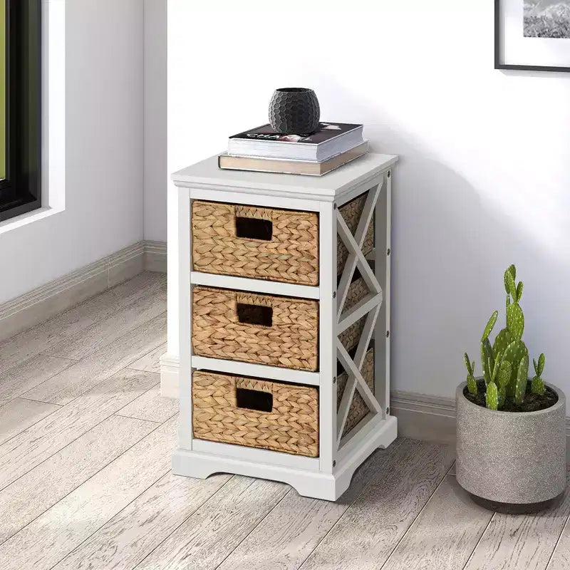 Meuble de rangement d'appoint à 3 niveaux avec 3 paniers en osier