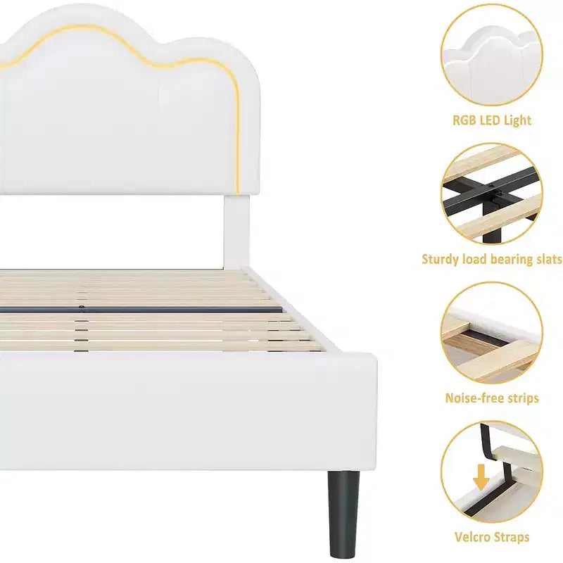Cadre de lit plateforme simple capitonné en velours avec tête de lit réglable en hauteur, lumières LED RGB