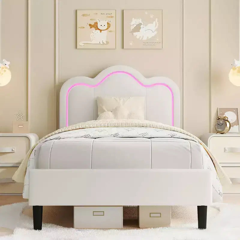Cadre de lit plateforme simple capitonné en velours avec tête de lit réglable en hauteur, lumières LED RGB