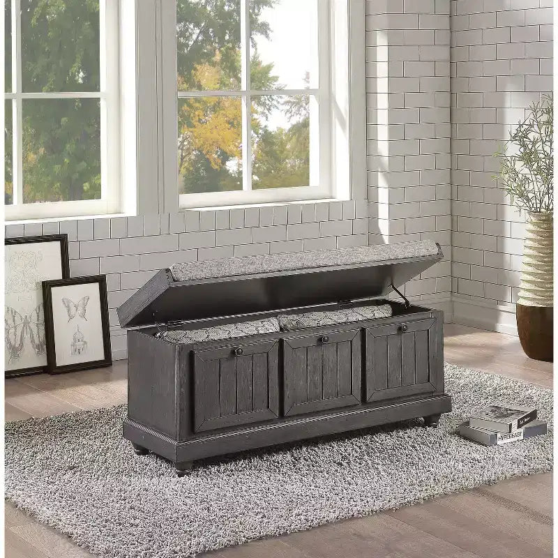 Banc ottoman de rangement à dessus rabattable de style rétro avec siège coussiné, banc de rangement en bois massif pour chambre à coucher, entrée