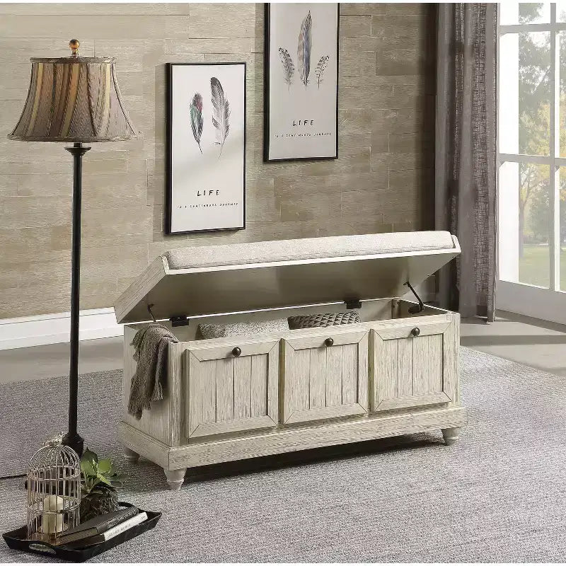 Banc ottoman de rangement à dessus rabattable de style rétro avec siège coussiné, banc de rangement en bois massif pour chambre à coucher, entrée