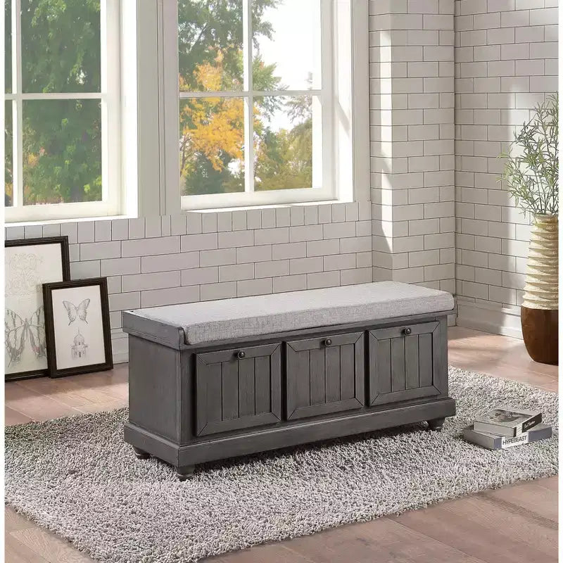 Okak Retro Style Flip-Top Cushioned Seat Ottoman Bench with Storage,Solid Wood Storage Bench for Bedroom,Entrance