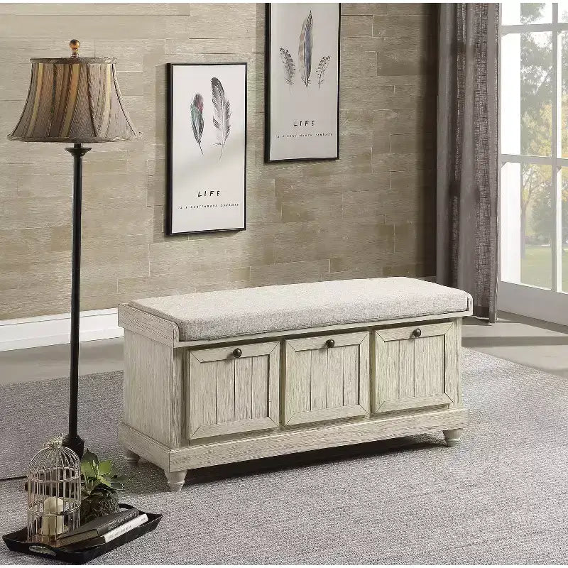 Banc ottoman de rangement à dessus rabattable de style rétro avec siège coussiné, banc de rangement en bois massif pour chambre à coucher, entrée