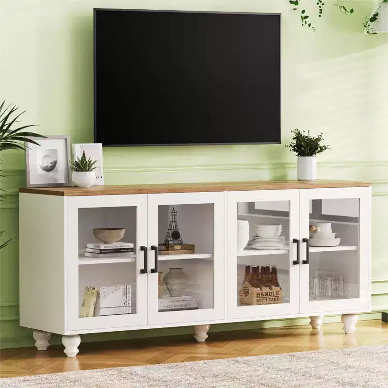 Meuble TV de ferme avec portes en verre trempé pour téléviseurs jusqu'à 70", buffet polyvalent avec étagères réglables
