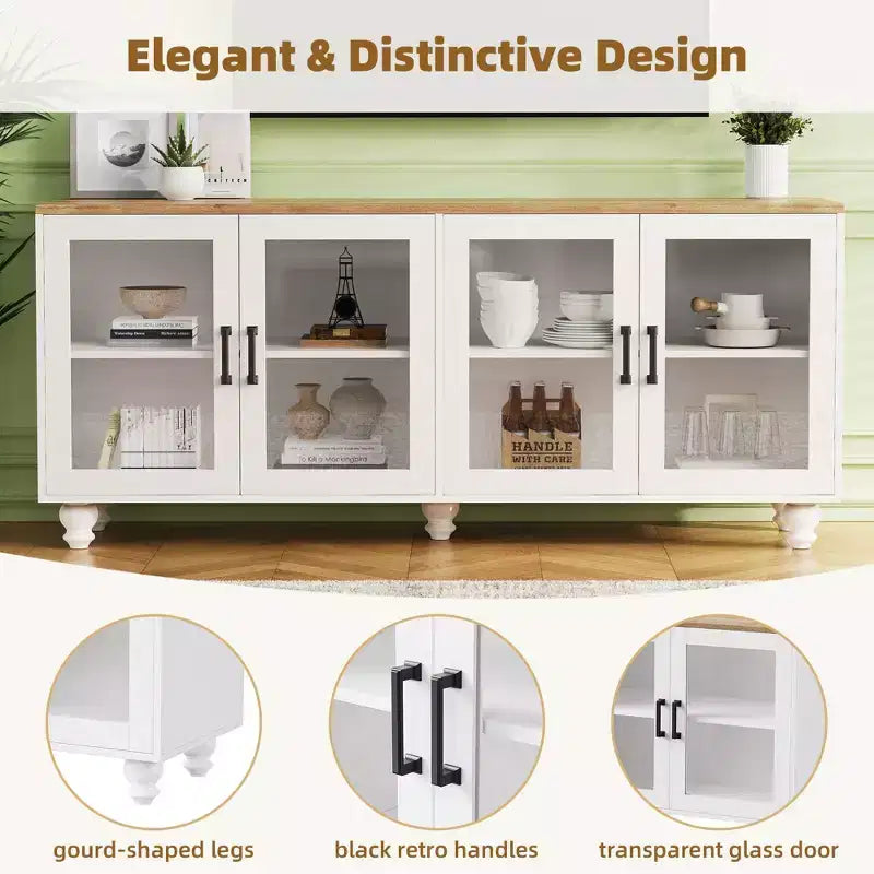 Meuble TV de ferme avec portes en verre trempé pour téléviseurs jusqu'à 70", buffet polyvalent avec étagères réglables