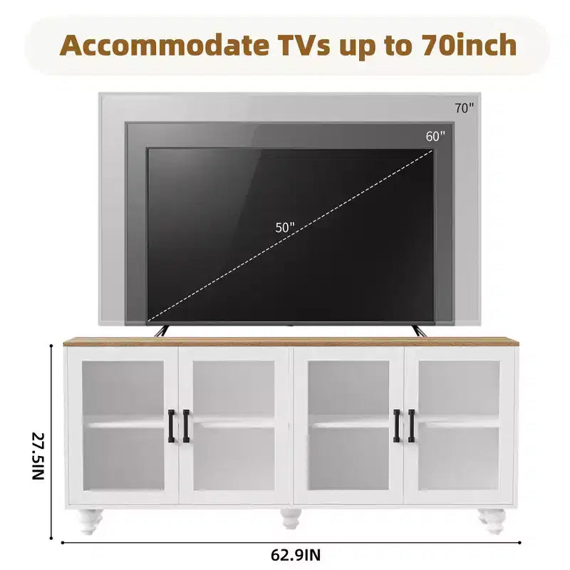Meuble TV de ferme avec portes en verre trempé pour téléviseurs jusqu'à 70", buffet polyvalent avec étagères réglables