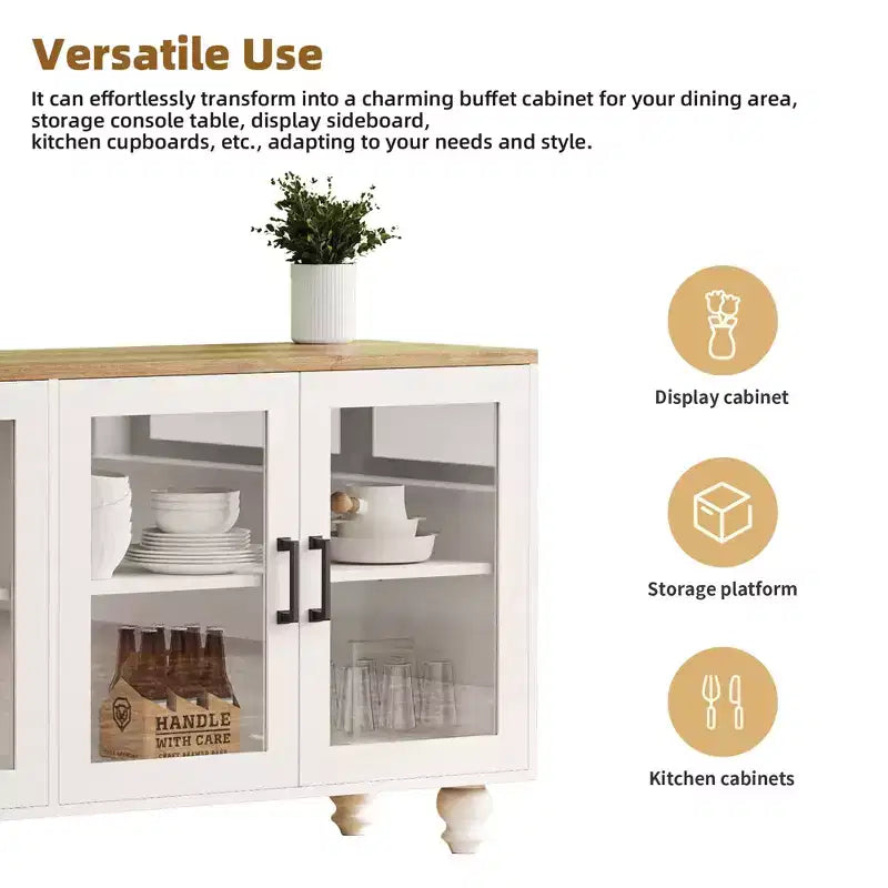 Meuble TV de ferme avec portes en verre trempé pour téléviseurs jusqu'à 70", buffet polyvalent avec étagères réglables