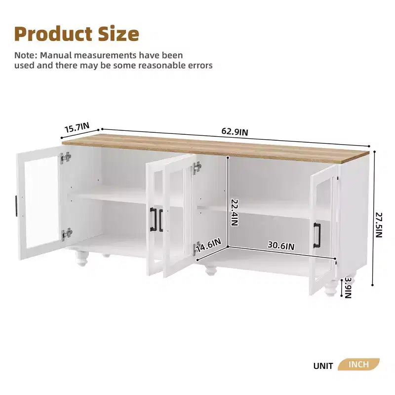 Meuble TV de ferme avec portes en verre trempé pour téléviseurs jusqu'à 70", buffet polyvalent avec étagères réglables