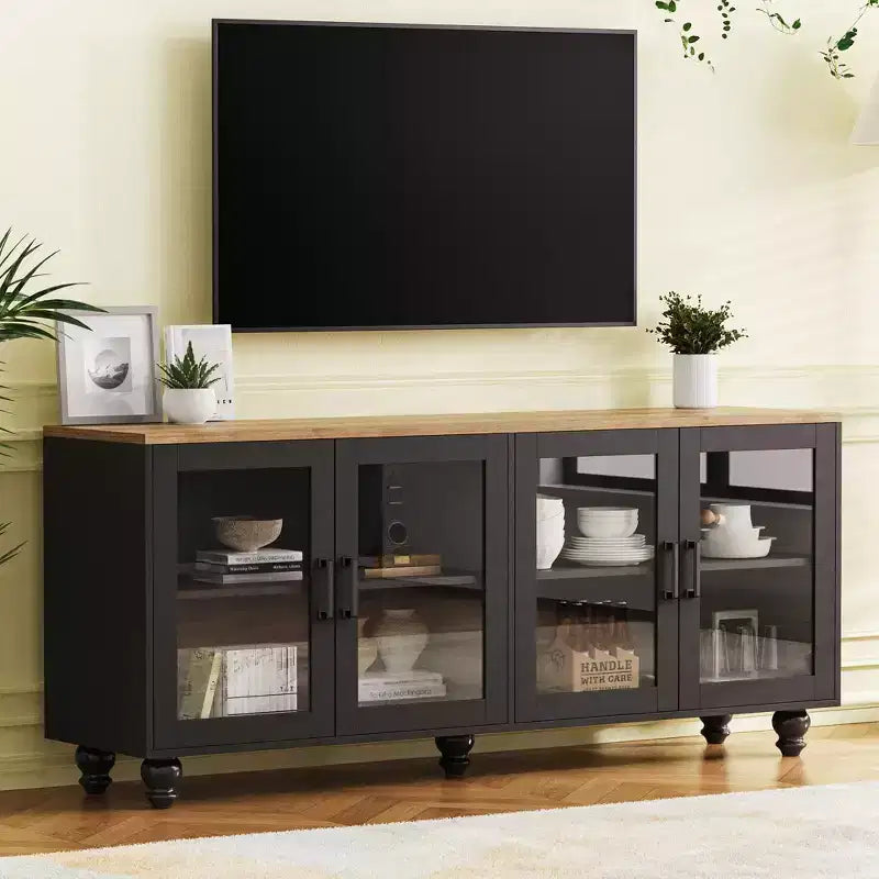 Meuble TV de ferme avec portes en verre trempé pour téléviseurs jusqu'à 70", buffet polyvalent avec étagères réglables