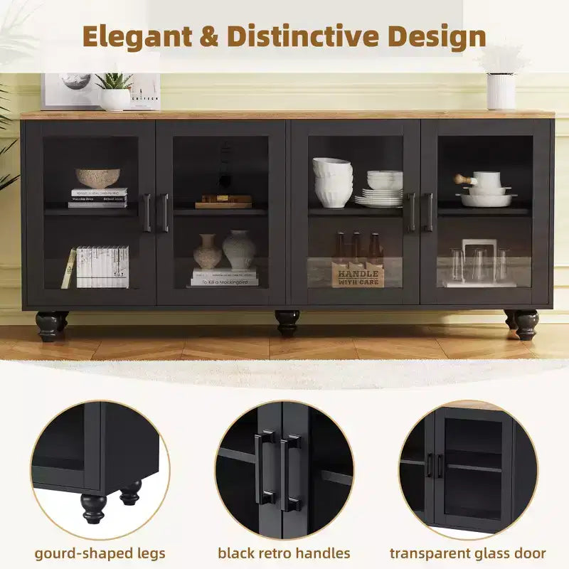 Meuble TV de ferme avec portes en verre trempé pour téléviseurs jusqu'à 70", buffet polyvalent avec étagères réglables