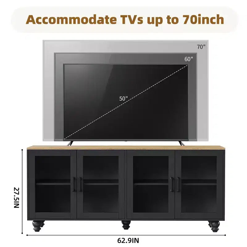 Meuble TV de ferme avec portes en verre trempé pour téléviseurs jusqu'à 70", buffet polyvalent avec étagères réglables