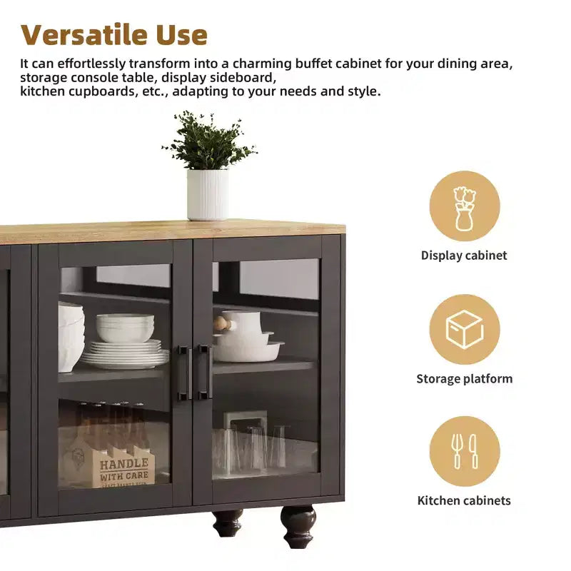 Meuble TV de ferme avec portes en verre trempé pour téléviseurs jusqu'à 70", buffet polyvalent avec étagères réglables