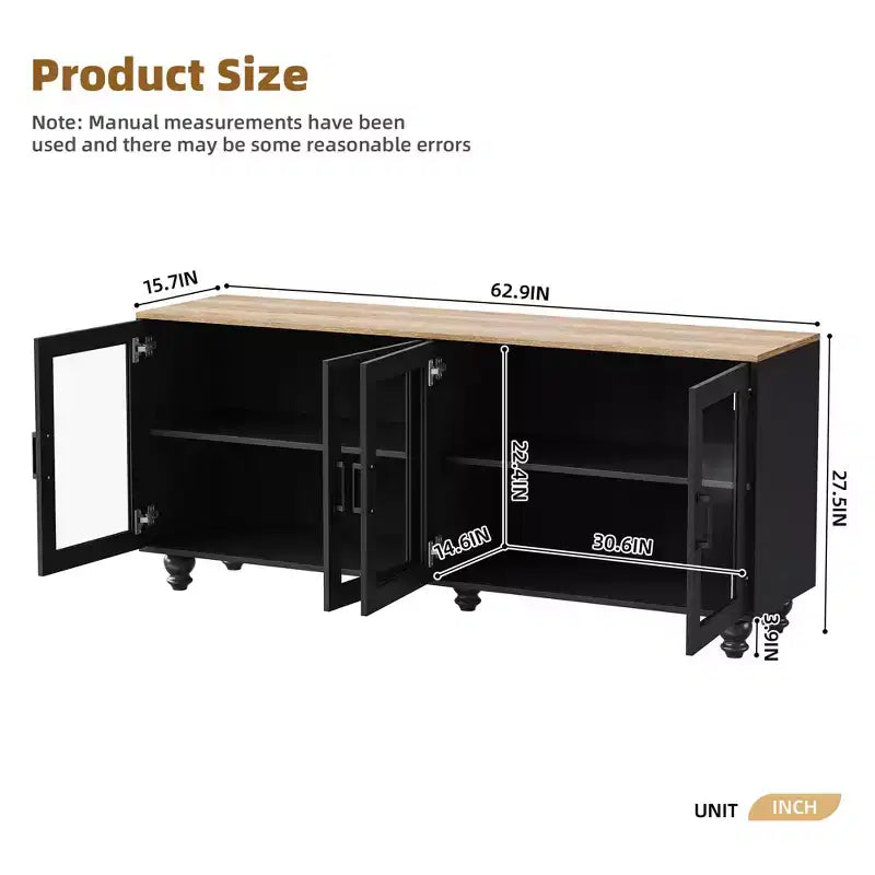 Meuble TV de ferme avec portes en verre trempé pour téléviseurs jusqu'à 70", buffet polyvalent avec étagères réglables