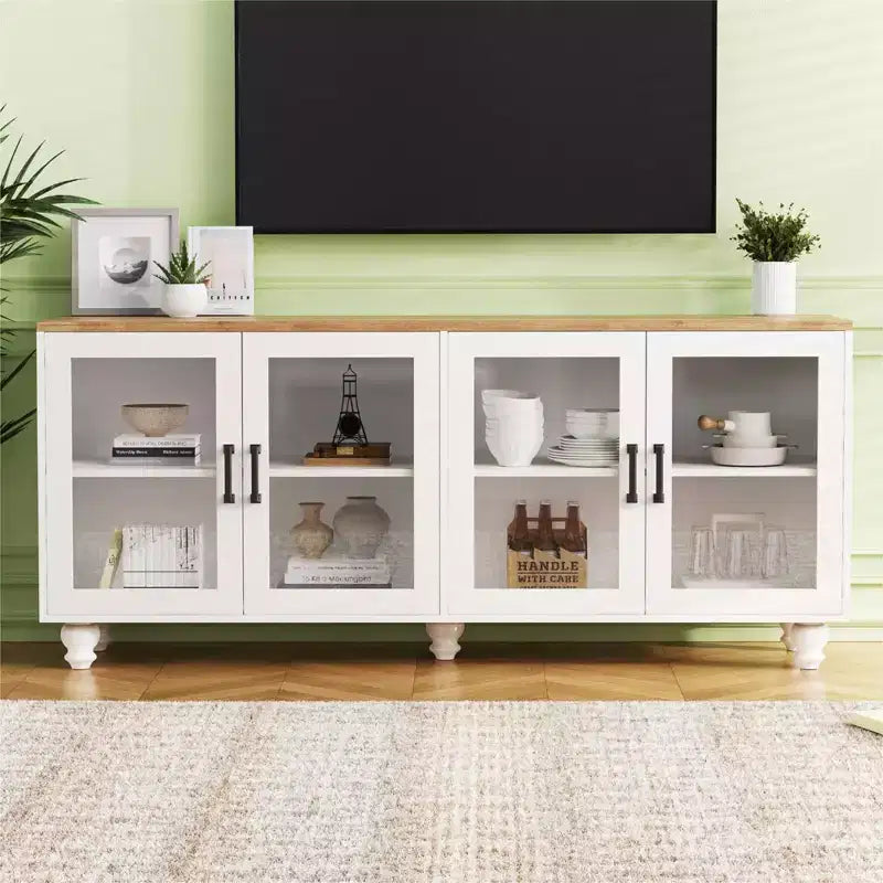 Meuble TV de ferme avec portes en verre trempé pour téléviseurs jusqu'à 70", buffet polyvalent avec étagères réglables