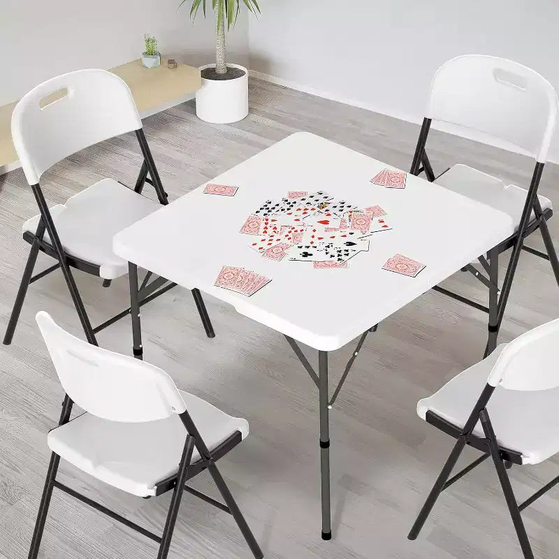 Table carrée pliable en deux de 34", table de salle à manger ou de jeu portable en plastique à deux volets pour cuisine ou événement en extérieur, blanche