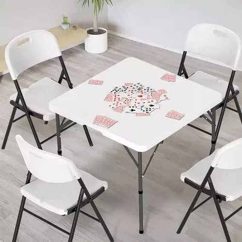 Table carrée pliable en deux de 34", table de salle à manger ou de jeu portable en plastique à deux volets pour cuisine ou événement en extérieur, blanche