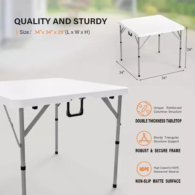 Table carrée pliable en deux de 34", table de salle à manger ou de jeu portable en plastique à deux volets pour cuisine ou événement en extérieur, blanche