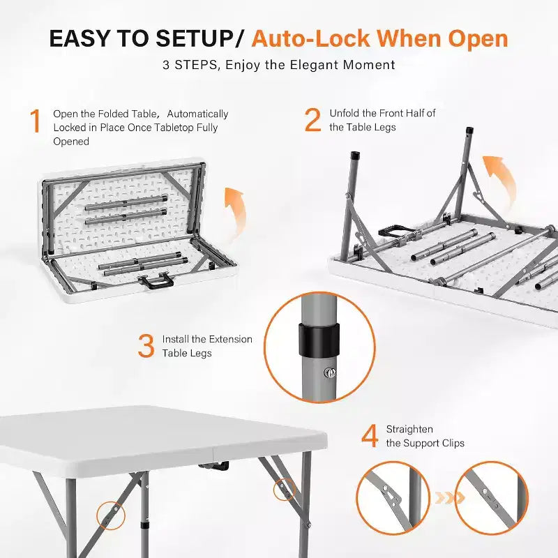 Table carrée pliable en deux de 34", table de salle à manger ou de jeu portable en plastique à deux volets pour cuisine ou événement en extérieur, blanche