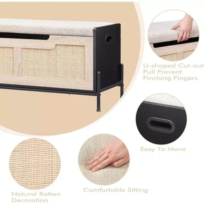 1 Pouf de rangement en rotin – avec 2 charnières de sécurité et panneau épaissi de 15 mm – Banc d'entrée à couvercle, Chêne Noir