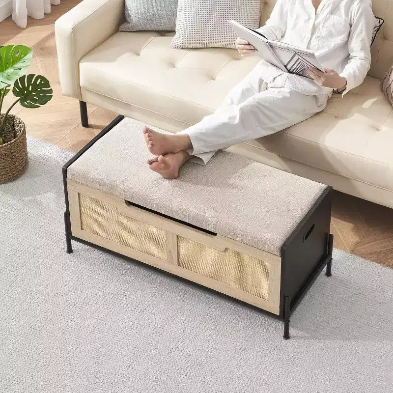 1 Pouf de rangement en rotin – avec 2 charnières de sécurité et panneau épaissi de 15 mm – Banc d'entrée à couvercle, Chêne Noir