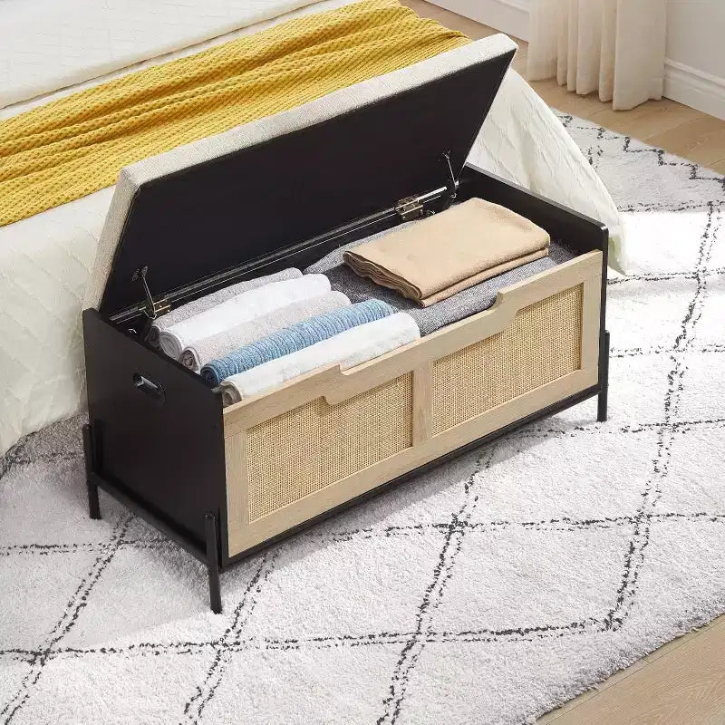 1 Pouf de rangement en rotin – avec 2 charnières de sécurité et panneau épaissi de 15 mm – Banc d'entrée à couvercle, Chêne Noir
