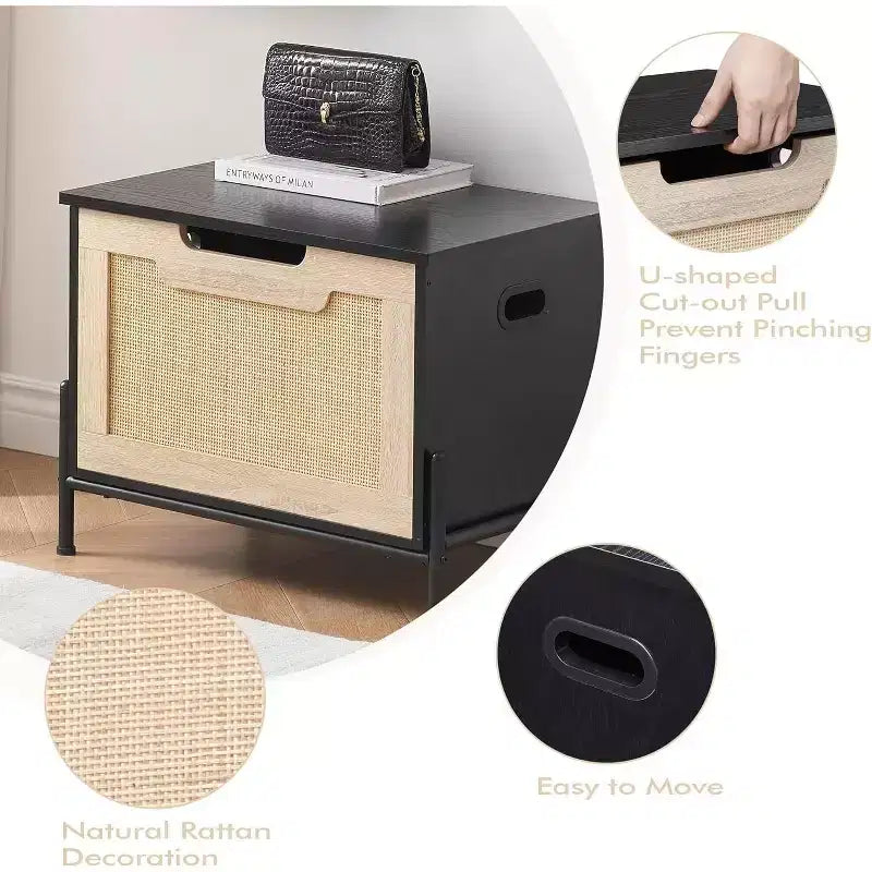 1 Pouf de rangement en rotin – avec 2 charnières de sécurité et panneau épaissi de 15 mm – Banc d'entrée à couvercle, Chêne Noir