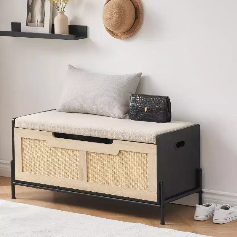 1 Pouf de rangement en rotin – avec 2 charnières de sécurité et panneau épaissi de 15 mm – Banc d'entrée à couvercle, Chêne Noir