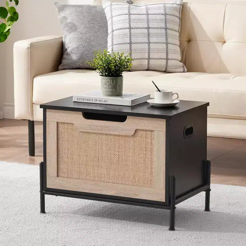 1 Pouf de rangement en rotin – avec 2 charnières de sécurité et panneau épaissi de 15 mm – Banc d'entrée à couvercle, Chêne Noir