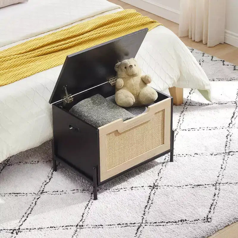 1 Pouf de rangement en rotin – avec 2 charnières de sécurité et panneau épaissi de 15 mm – Banc d'entrée à couvercle, Chêne Noir