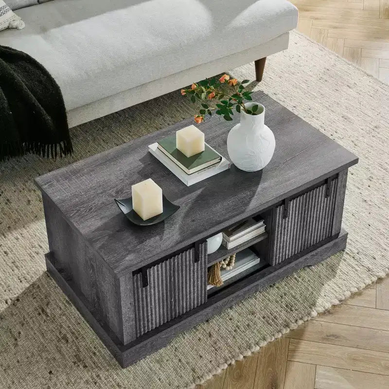 Table basse de ferme de 41 po avec porte coulissante de grange, 3 compartiments de rangement et étagères réglables
