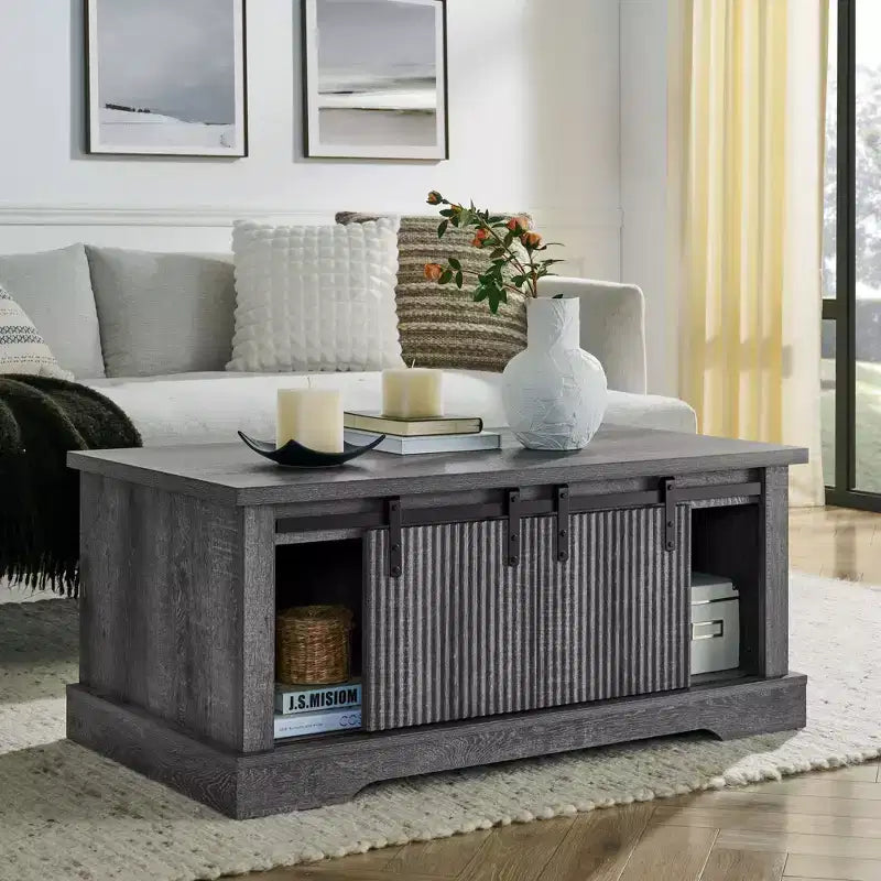 Table basse de ferme de 41 po avec porte coulissante de grange, 3 compartiments de rangement et étagères réglables