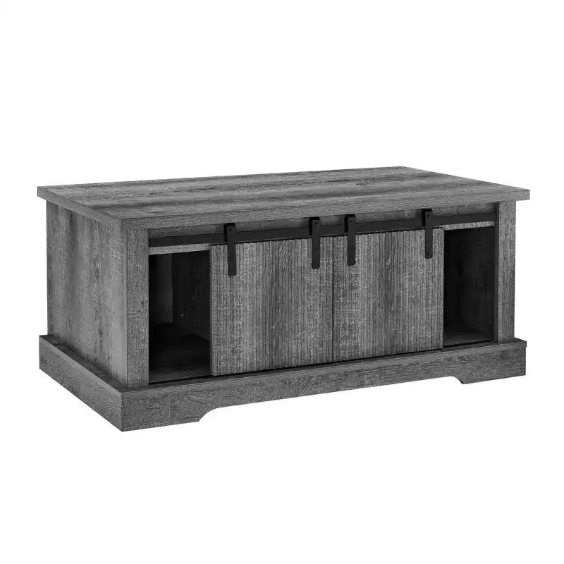 Table basse de ferme de 41 po avec porte coulissante de grange, 3 compartiments de rangement et étagères réglables