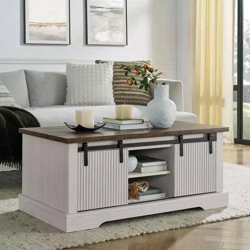 Table basse de ferme de 41 po avec porte coulissante de grange, 3 compartiments de rangement et étagères réglables