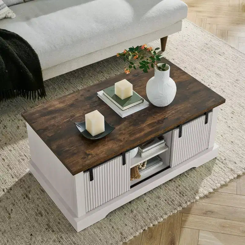 Table basse de ferme de 41 po avec porte coulissante de grange, 3 compartiments de rangement et étagères réglables