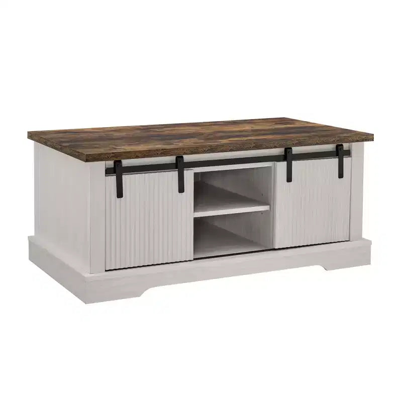 Table basse de ferme de 41 po avec porte coulissante de grange, 3 compartiments de rangement et étagères réglables