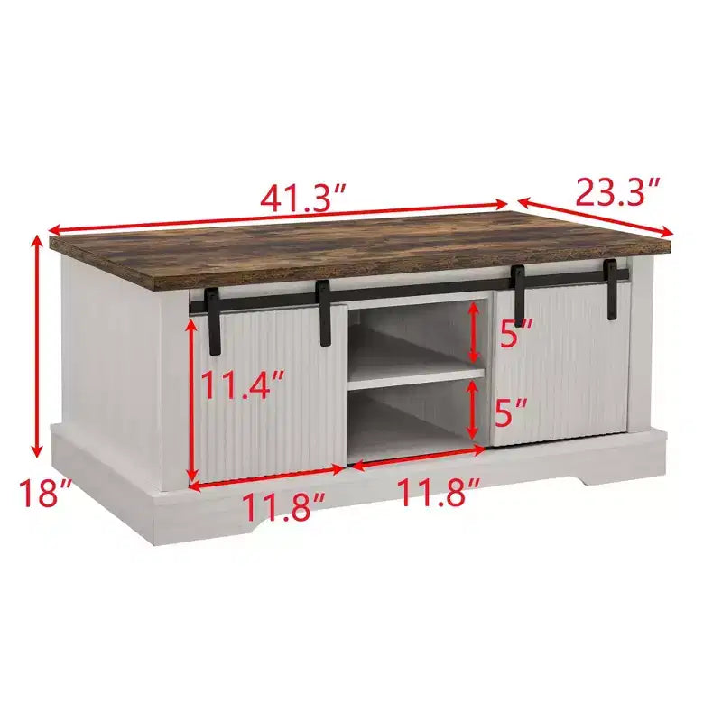 Table basse de ferme de 41 po avec porte coulissante de grange, 3 compartiments de rangement et étagères réglables