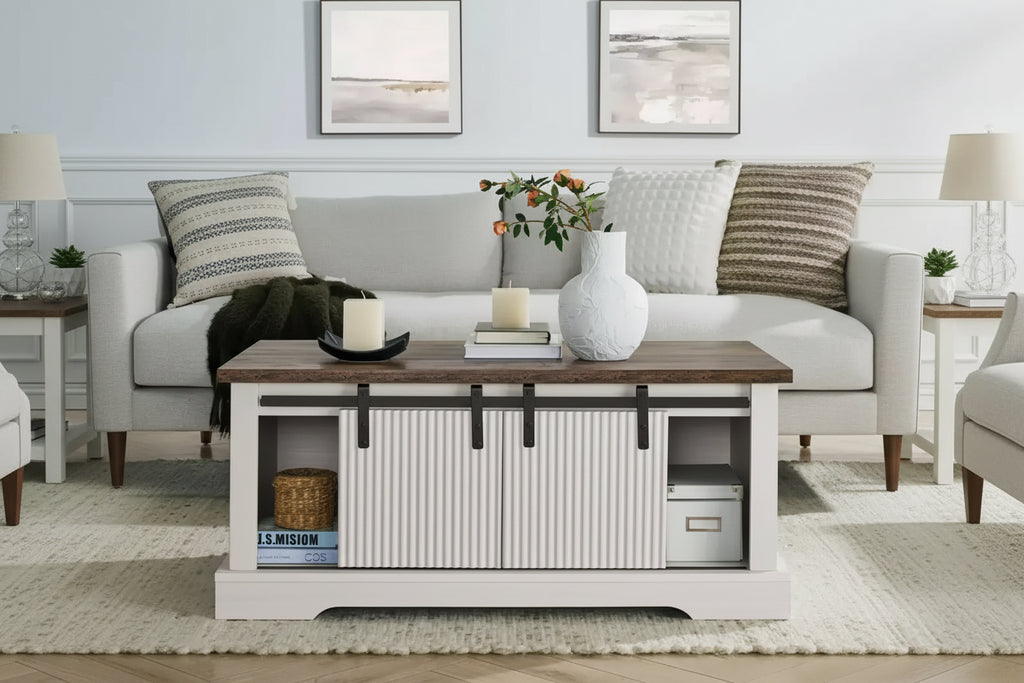 Okak 41 Farmhouse Coffee Table with Sliding Barn Door, 3-Cube Storage & Adjustable Shelves, Wood Rectangular Cocktail Table for Living Room
