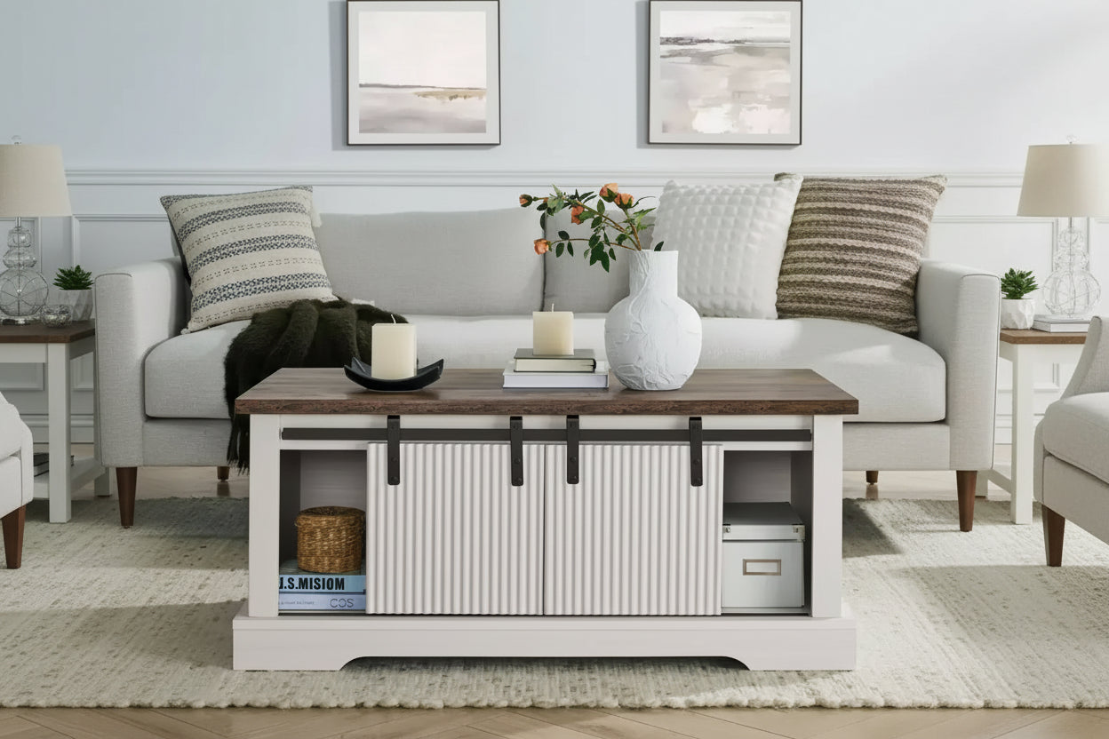 Okak 41 Farmhouse Coffee Table with Sliding Barn Door, 3-Cube Storage & Adjustable Shelves, Wood Rectangular Cocktail Table for Living Room
