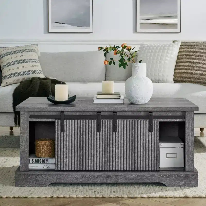 Table basse de ferme de 41 po avec porte coulissante de grange, 3 compartiments de rangement et étagères réglables