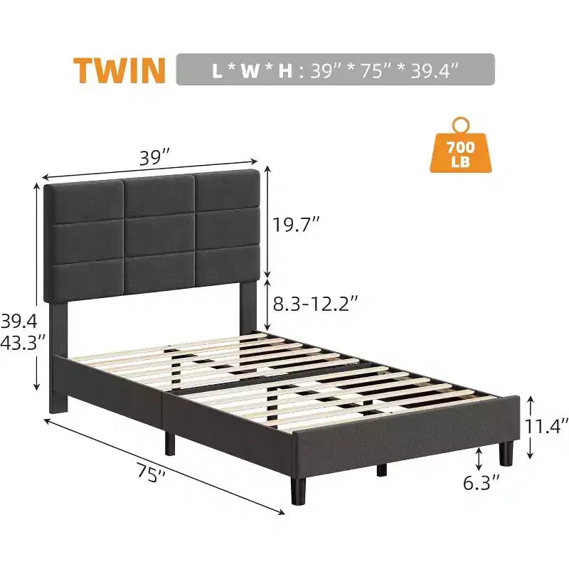 Cadre de lit en bois Queen Size, lit plateforme rembourré avec tête de lit réglable, lattes en bois robustes, aucun sommier tapissier requis, gris