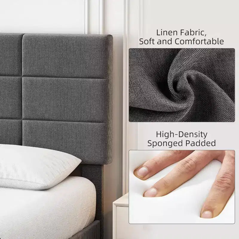 Cadre de lit en bois Queen Size, lit plateforme rembourré avec tête de lit réglable, lattes en bois robustes, aucun sommier tapissier requis, gris
