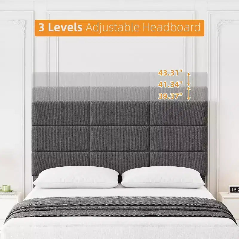 Cadre de lit en bois Queen Size, lit plateforme rembourré avec tête de lit réglable, lattes en bois robustes, aucun sommier tapissier requis, gris