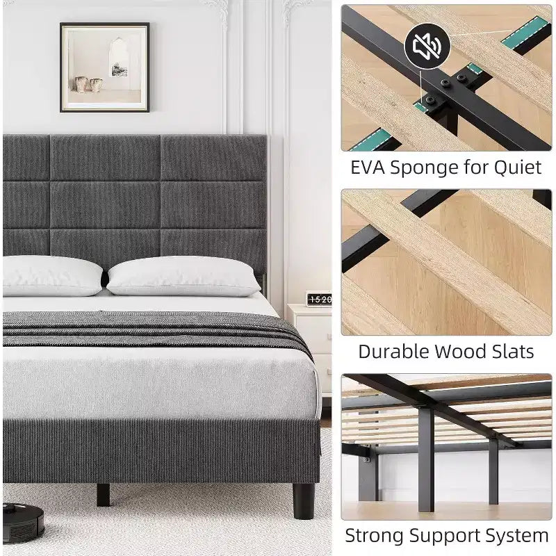 Cadre de lit en bois Queen Size, lit plateforme rembourré avec tête de lit réglable, lattes en bois robustes, aucun sommier tapissier requis, gris