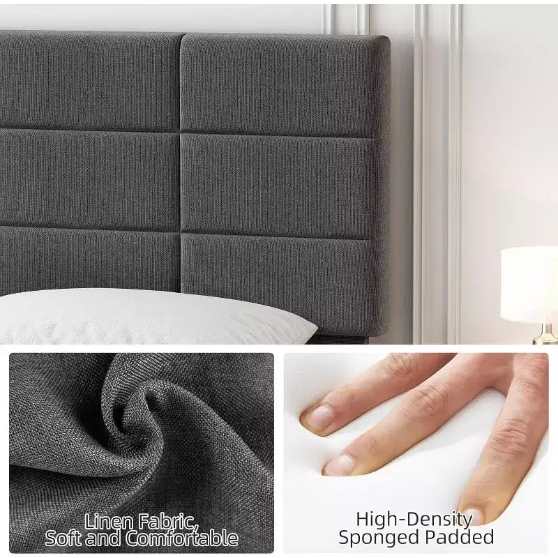 Cadre de lit en bois Queen Size, lit plateforme rembourré avec tête de lit réglable, lattes en bois robustes, aucun sommier tapissier requis, gris