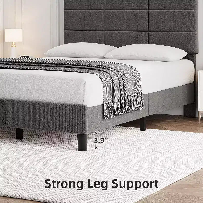 Cadre de lit en bois Queen Size, lit plateforme rembourré avec tête de lit réglable, lattes en bois robustes, aucun sommier tapissier requis, gris
